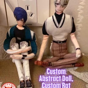 May include: Two custom abstract dolls are shown, one with blue hair and a teal and white jacket, the other with grey hair and a white sweater vest. The dolls are seated, with the text "Custom Abstract Doll, Custom Rat Plush Toy" visible.