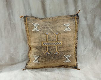 Almohada de seda de cactus marroquí: color marrón tostado, almohada vintage tejida a mano para decoración.