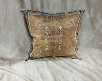 Almohada de seda de cactus marroquí: color marrón tostado natural, almohada vintage tejida a mano para decoración.