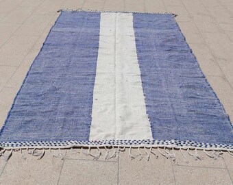 Hand-Knotted Beni Ourain Rug: Solid Blue Moroccan Wool Carpet