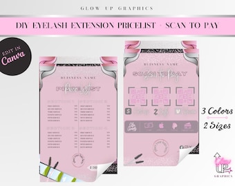 May include: Pink DIY eyelash extension pricelist with a matching scan-to-pay design. The design includes a section for a business name, service listings, and payment options. The design is available in 3 colours and 2 sizes.