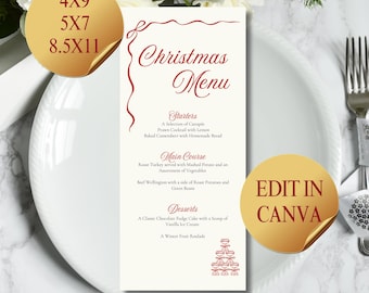 May include: A Christmas menu card with a cream background and red decorative elements. The menu includes starters, main courses, and desserts. Gold stickers indicate sizes and editing options.