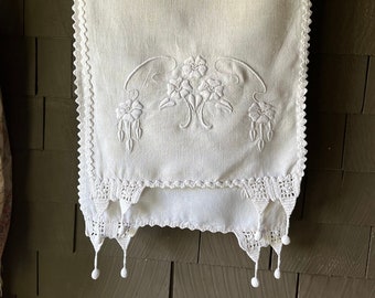 Art Nouveau Table Runner with Floral Embroidery, Crochet and Tassels 61" Long Linen