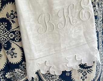 Antique Linen Towel Jacquard Weave, Scalloped Hem Monogram BKE 46"