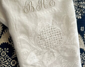 Antique Linen Towel Polka Dot Jacquard with Drawn Work, Macrame Fringe and Monogram BKE 44" x 22"