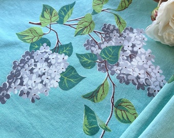 Vintage Wilendur Tablecloth in Turquoise Green Cotton "Lilac Time" Print 67" x 54"