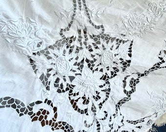Antique Linen Tablecloth with Richlieu Cutwork and Embroidery in Blue 94" x 64"