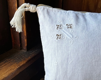 Linen Pillow Cover in Italian Needlework Punto Antico Repurposed Vintage Textile with Tassels One of a Kind