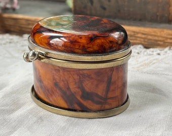 Antique Faux Tortoise Shell Trinket Box with Red  Lining