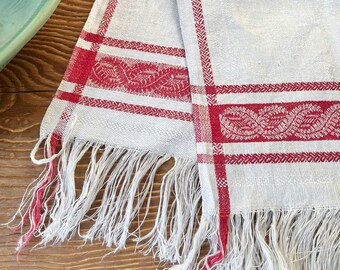 Antique Tea/Hand Towel Jacquard Weave with Turkey Red Border and Fringe New/Old Stock