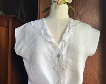 Linen Summer Top  Repurposed Vintage Linen with Richlieu Embroidery and  Polka Dots in White Button Front Size S/M One of a Kind