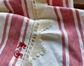 Linen Tablecloth with Turkey Red Striped Border Crocheted Lace and Monogram PY. 78" x 56"