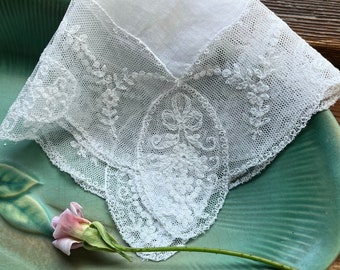 Antique Linen Handkerchief Trimmed with Needle Run Lace in Soft White