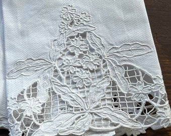 Antique Huck Linen Hand Towel with Richlieu Cutwork Embroidery in White