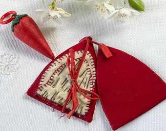 Vintage Needle Case and Strawberry Pincushion in Red Silk and Felt