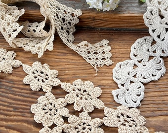 Vintage Crocheted Lace Assortment of 4 Pieces in Beige Cotton