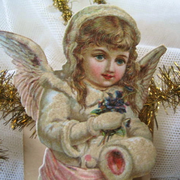 Antique Victorian Die Cut Valentine Ornament Decorated with Gold and Silver Tinsel