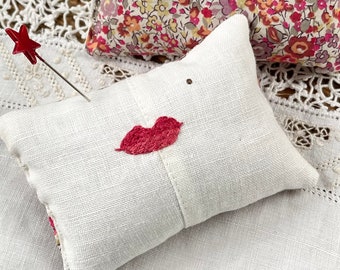 Handmade Pincushion with an Embroidered Kiss in Red Liberty of London Floral