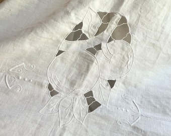 White Linen Tablecloth with Italian Hand Needlework in White with Fruit Motifs 110" x 64"