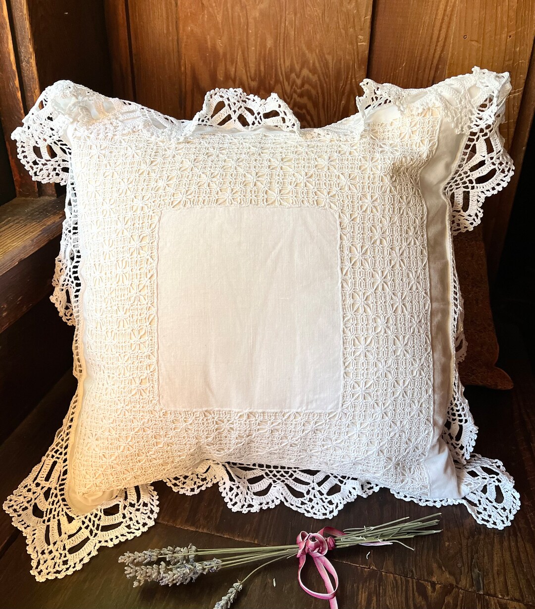 White Cotton Pillow Cover With Crocheted Lace and Drawn Work Repurposed