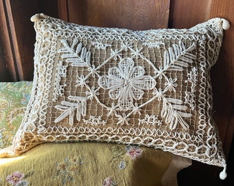 Modano Lace Pillow Cover with Crocheted Tassels in Linen