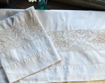 Antique Cotton Sheet Set with Bird Floral Drawnwork Embroidery (Queen/King)