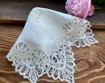 Antique Handkerchief with Fine Handmade Tape Lace in Pale Cream