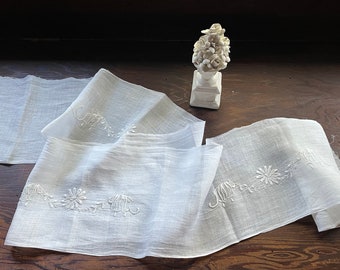 Embroidered Linen Remnant with Handmade Whitework in White 6" Wide x 60" Long