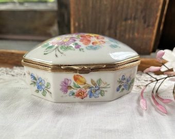 Vintage Porcelain Trinket/Dresser Box with Floral Motifs and Brass Hinge