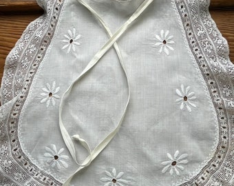 Antique Kids Apron in White Cotton with  Broderie Anglaise Whitework , Lace Trim and Ribbon Rosettes