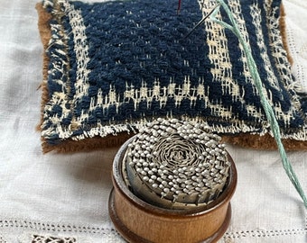 Handmade Pincushion in Repurposed Textiles with Antique Wooden Pin Keep