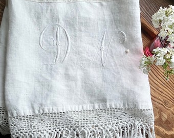 Antique Linen Hand Towel with Fringe, Lace and Monogram DN