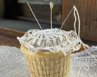Vintage  Pincushion in Faux French "Ivory" Celluloid Woven Basket and Bobbin Lace