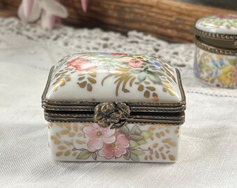Limoges Porcelain Trinket Box with Florals and Gilt Rectangular Shape
