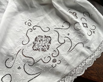 Linen Top Sheet/Summer Coverlet in White with Handmade Point De Venise Lace and Cutwork Embroidery 98" x 72"
