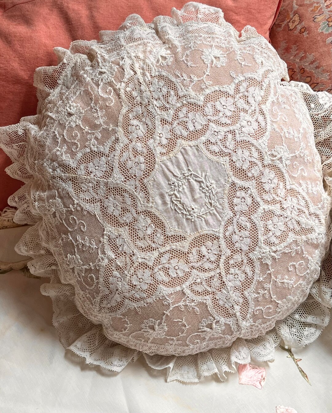 Antique Normandy Lace Pillow Cover With Ruffle Round 16 Etsy