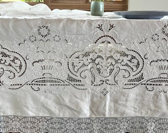 Antique Linen Tablecloth with Richlieu Embroidery Point De Venise Needlelace and Filet Lace Trim 108" x 74"