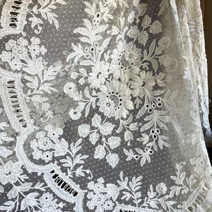 May include: An off-white lace fabric featuring an intricate floral pattern with embroidered blossoms, leaves, and stems. The sheer material includes a delicate dotted mesh background and scalloped edges with cutwork details throughout the textile.