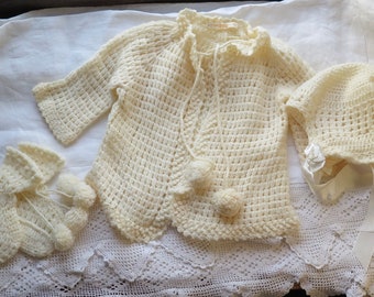 Vintage Sweater Set for Baby in Soft Ivory Wool Booties and Hat with Pom Poms  9-12 Mos.