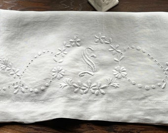 French Linen Table Runner /Dresser Scarf with Embroidery and Monogram S