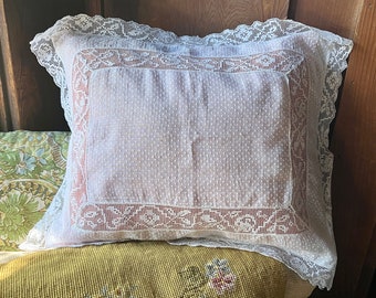 Antique Boudoir Pillow Cover in Dotted Swiss Cotton and Filet Lace