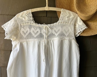 Cotton Night Gown/ Dress with Vintage Lace and Eyelet One of a Kind Size S/M