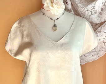 Cream Silk Dress Repurposed Victorian Shawl with Macrame/Tassels Size M/L One of a Kind
