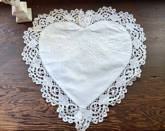 Heart Shaped Pillow Cover Repurposed Vintage Linen and Lace with Embroidery