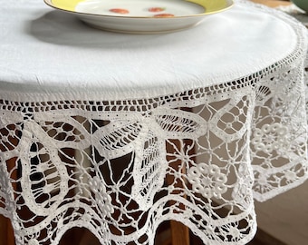 Antique Table Topper with Handmade Needle and Tape Laces Round 29"