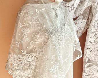 Antique Belgian Lace Veil/Wedding Shawl in Princess, Rose Point De Gaz Laces 120" long