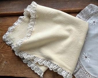Antique Baby Receiving Blanket in Wool trimmed in Hand Crochet 23" x 22"