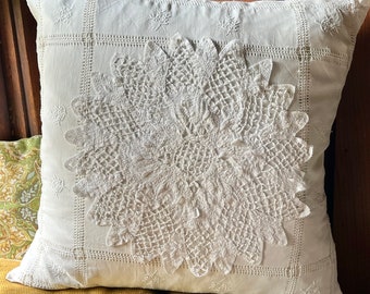 White Linen Pillow Cover with Embroidery, Drawn Work and Bobbin Lace