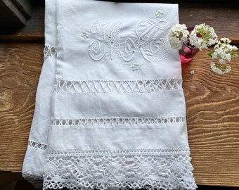 Antique French Towel in Metis Linen Cotton with Monogram Embroidery and Cluny Lace Trim 59" x 27"