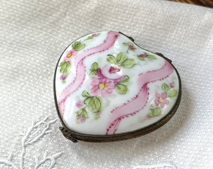 Vintage Limoges Porcelain Heart Shaped Trinket Box Two Sided Roses and